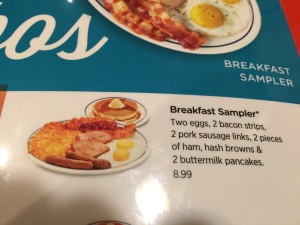 Breakfast Menu offering standard Breakfast Sampler for $8.99