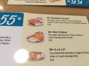 Breakfast Menu offering "55+" senior "discounted" Breakfast Sampler for $5.19