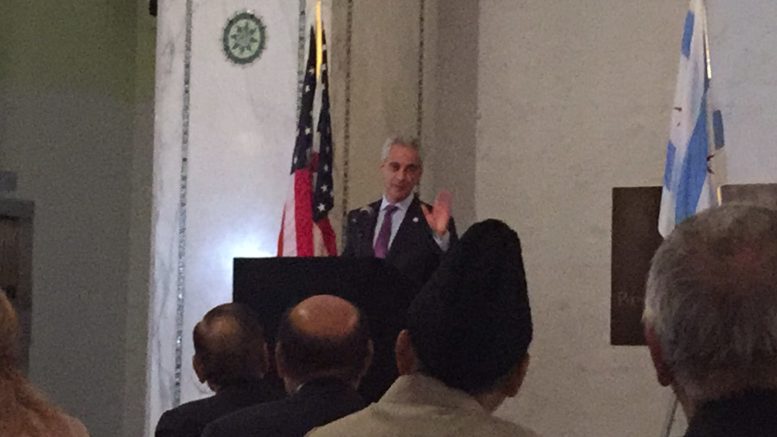 Mayor Rahm Emanuel promises that Chicago will be a city of inclusion, fairness and respect at an Iftar dinner at the Chicago Cultural Center Tuesday June 28, 2016. Courtesy of Ray Hanania